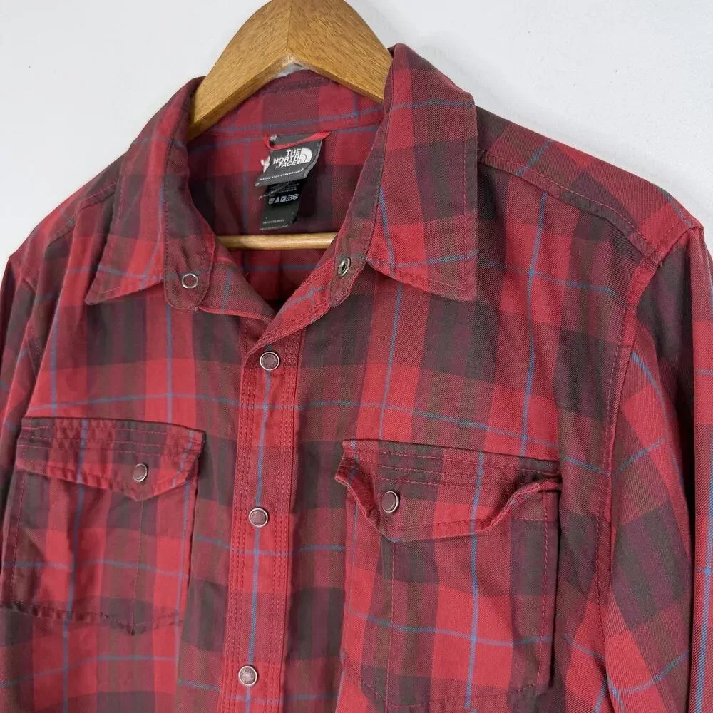 North Face Shirt Large Red Plaid Long Sleeve Snap Button Up Outdoor Mens